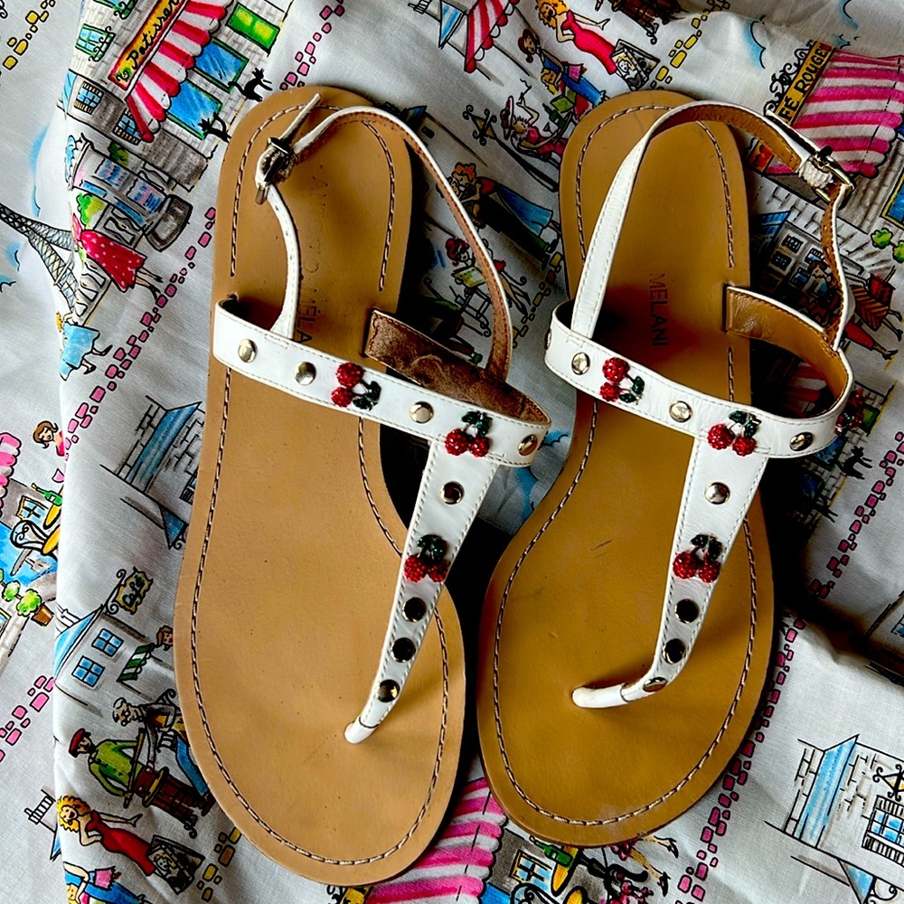 Antonio Melani summer t strap sandals with tiny rhinestone cherries